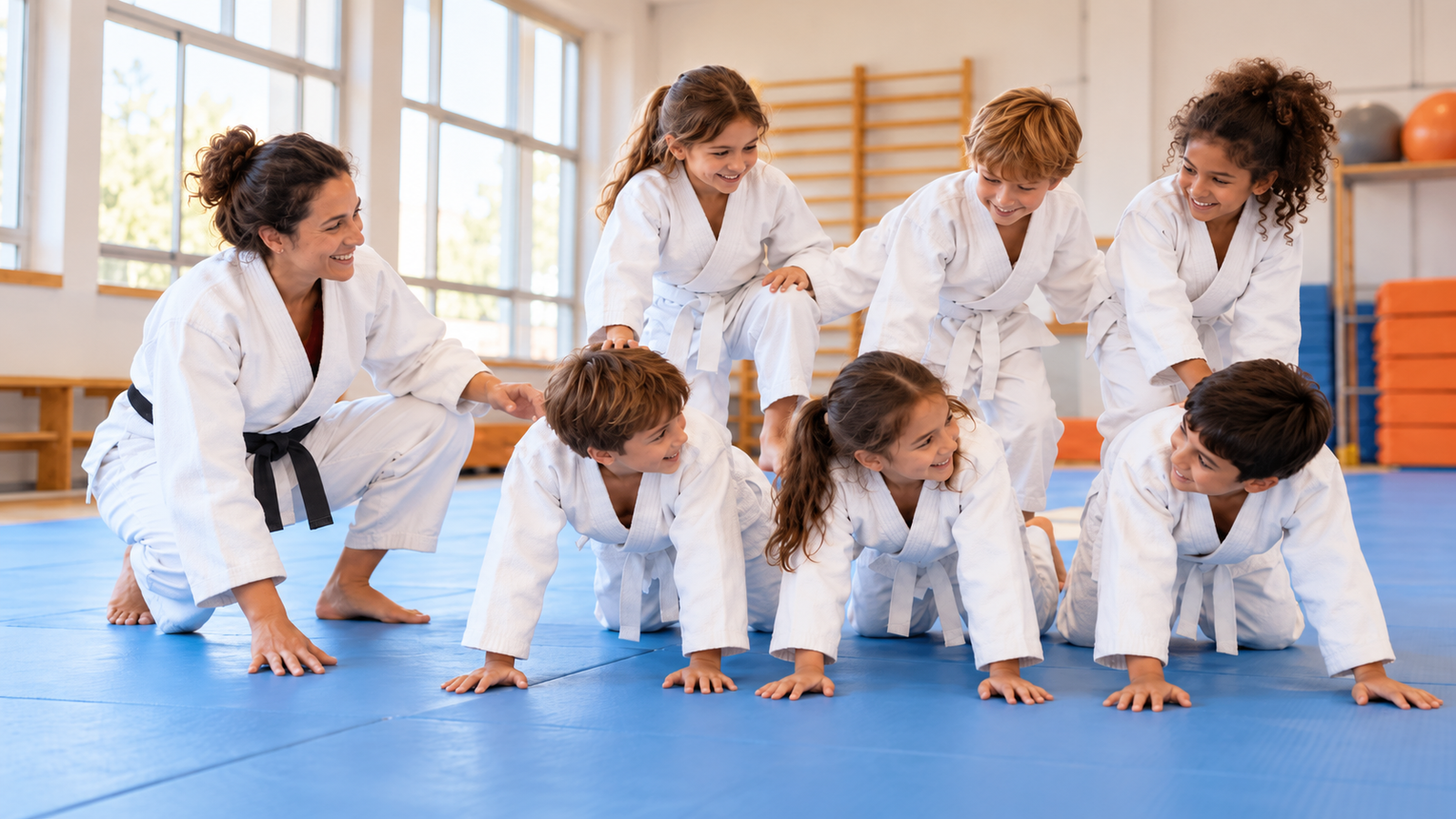 Grupo infantil practicando judo sobre el tatami